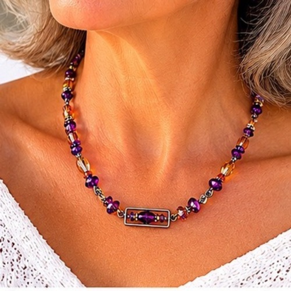 Artisans Purple Beaded Necklace Antique Brass Tone Bohemian Glass Crystals